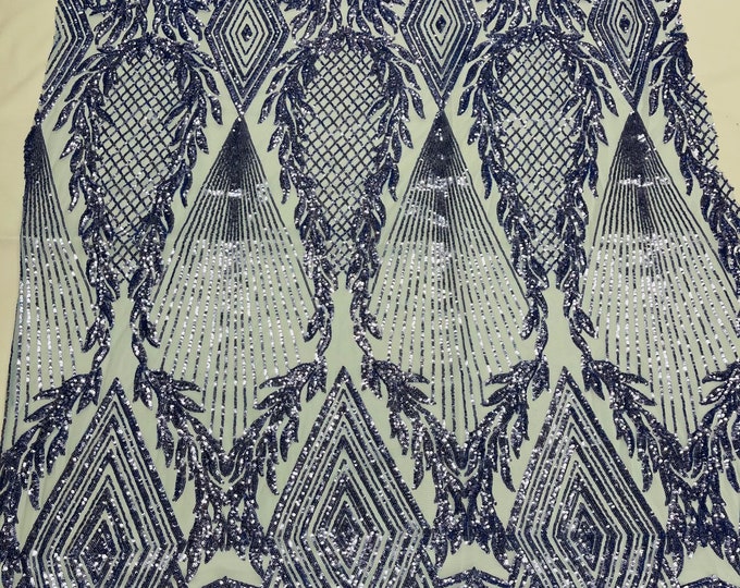 Navy geometric diamond design with shiny sequins on a light blue 4 way stretch mesh-dresses-prom-nightgown-sold by the yard-