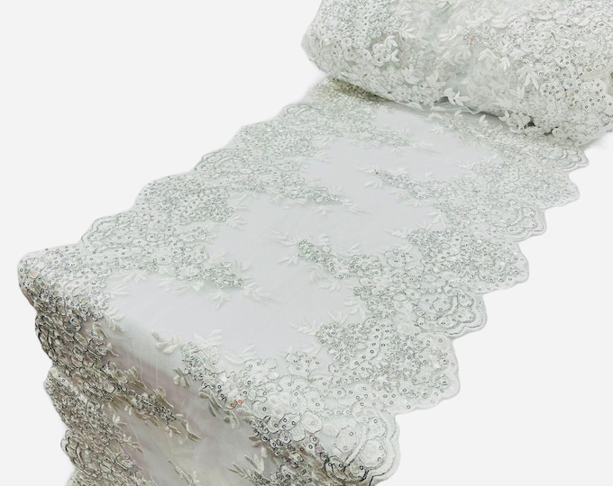 WHITE 14"Wide  Sequins Silver Metallic Embroidered Lace on Mesh Fabric, Trim Lace, Table Runner. Sold By The Yard.