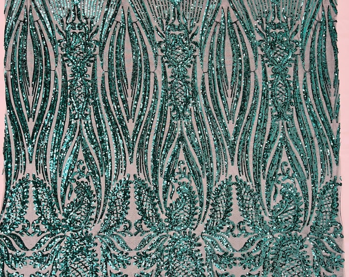 Hunter Green sequin design on a 4 way stretch mesh-prom-sold by the yard.