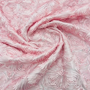 Light Pink 3D Rosette Embroidery Satin Rose Flowers  Floral on a satin Fabric by the yard.