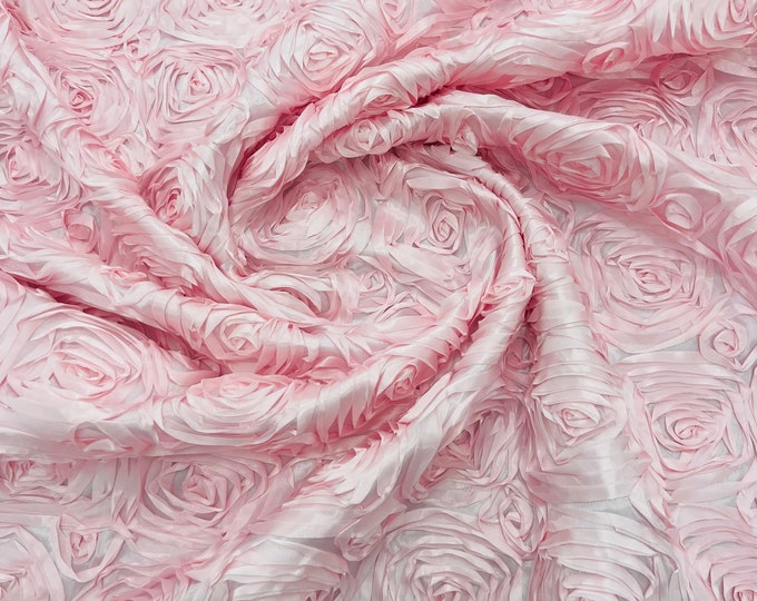 Light Pink 3D Rosette Embroidery Satin Rose Flowers  Floral on a satin Fabric by the yard.