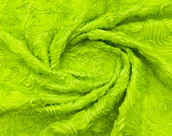 Neon yellow 3D Rosette Embroidery Satin Rose Flowers  Floral on a satin Fabric by the yard.