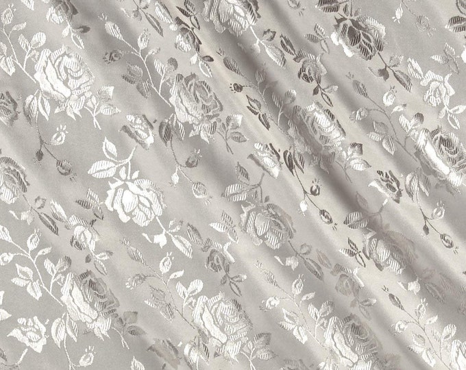 Silver 60" Wide Polyester Flower Brocade Jacquard Satin Fabric, Sold By The Yard.