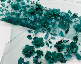 Hunter Green Orquidia 3d floral design embroider with pearls in a mesh lace fabric-dresses-fashion-decorations-prom-sold by the yard.