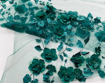 Hunter Green Orquidia 3d floral design embroider with pearls in a mesh lace fabric-dresses-fashion-decorations-prom-sold by the yard.