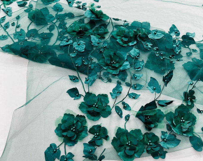 Hunter Green Orquidia 3d floral design embroider with pearls in a mesh lace fabric-dresses-fashion-decorations-prom-sold by the yard.