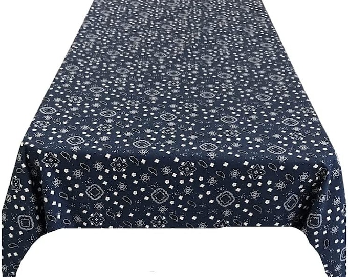 New Creations Fabric & Foam Inc, Bandanna Print Poly Cotton Tablecloth ( Navy , Choose Size Below