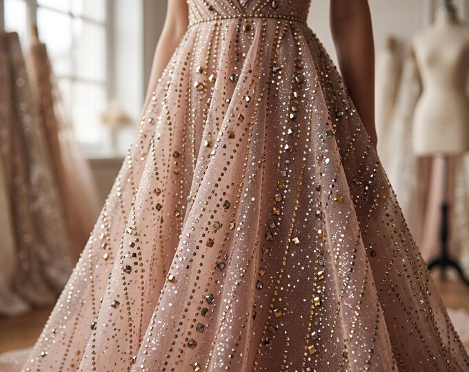 Champagne Glitter Mesh Fabric Nude Tulle Fabric Gold Sparkle Mesh Bridal Fabric Sheer Embroidered Mesh 60 Inch Wide Evening Dress Fabric