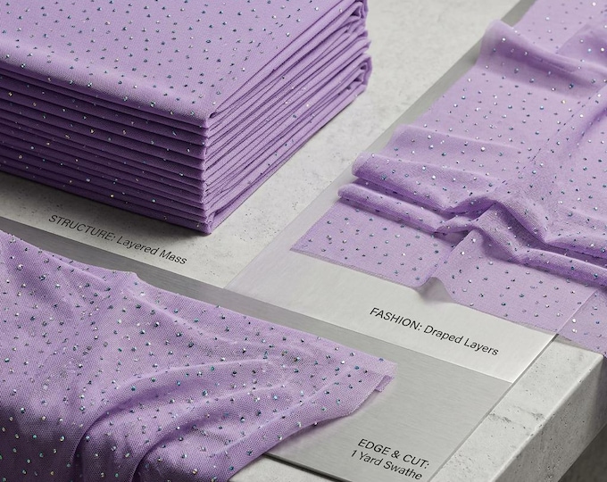 Lilac AB Rhinestone Mesh Fabric 60” Wide | Sheer Stretch Power Mesh by Yard | Sparkle Crystal Fabric for Dress Dancewear Decor