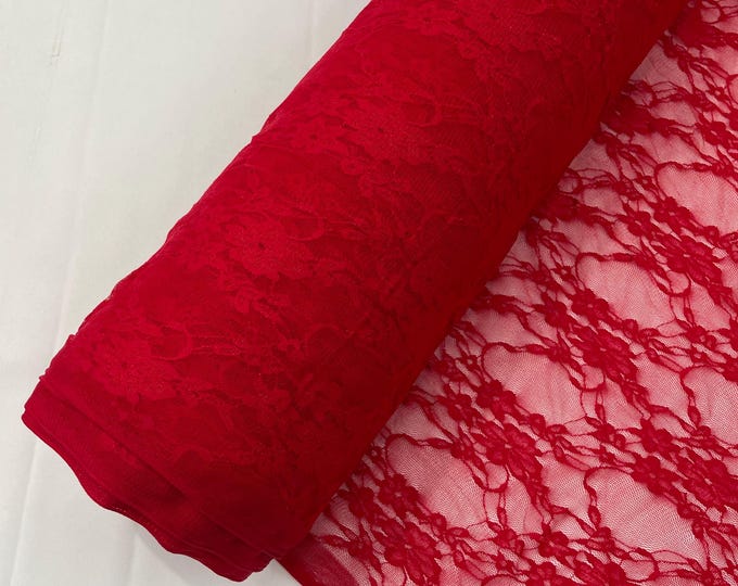 Red Floral Vintage 4-Way Stretch Lace by the yard.