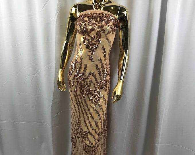 Rose gold 4 way Stretch power mesh lace embroidered shiny sequins-dresses-fashion-prom-nightgown-apparel-decorations-sold by the yard.