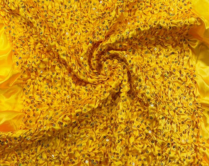 Yellow Pleated Stretch Satin Ruffle lace Trim With Hologram Sequin/24" Wide/Sold By The Yard.