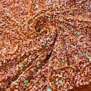 Orange Iridescent stretch velvet with luxury sequins all over 5mm shining sequins 2-way stretch, sold by the yard.