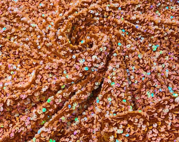 Orange Iridescent stretch velvet with luxury sequins all over 5mm shining sequins 2-way stretch, sold by the yard.