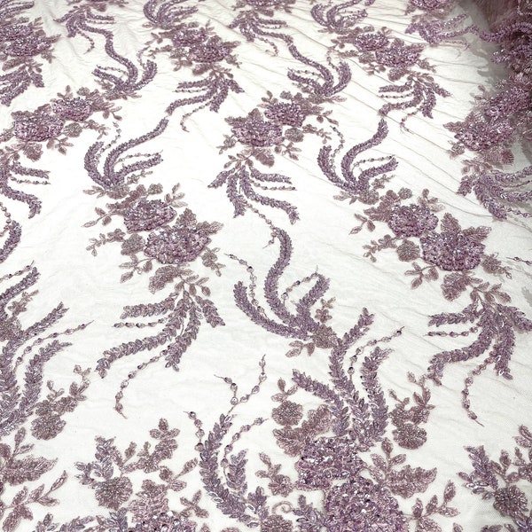 Mauve diva design embroidery with heavy beaded on a mesh lace-sold by the yard. main image 1