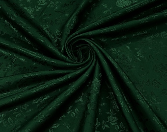 Hunter Green 60" Wide Polyester Roses/Flowers Brocade Jacquard Satin Fabric/Cosplay Costumes, Skirts, Table Linen/Sold By The Yard.