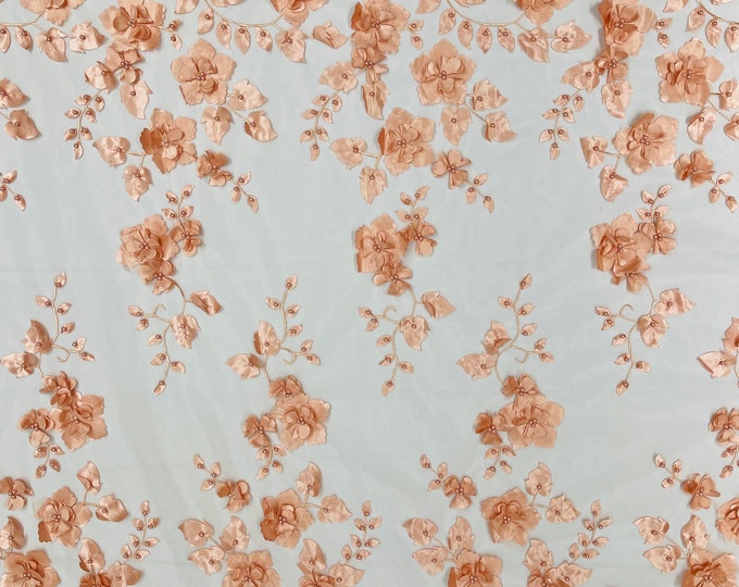 Peach Double Scalp Orquidia 3d floral design embroider with pearl in a mesh lace fabric-dresses-fashion-decoration-prom-sold by the yard.