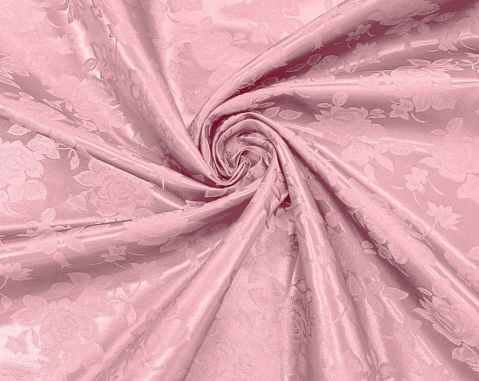 Dusty Rose Pink 60" Wide Polyester Big Roses/Flowers Brocade Jacquard Satin Fabric/Cosplay Costumes, Skirts, Table Linen/Sold By The Yard.