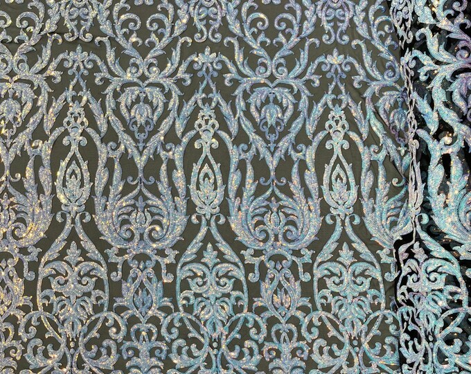 Aqua Blue Iridescent King Damask sequin design on a Black 4 way stretch mesh fabric-prom-sold by the yard.