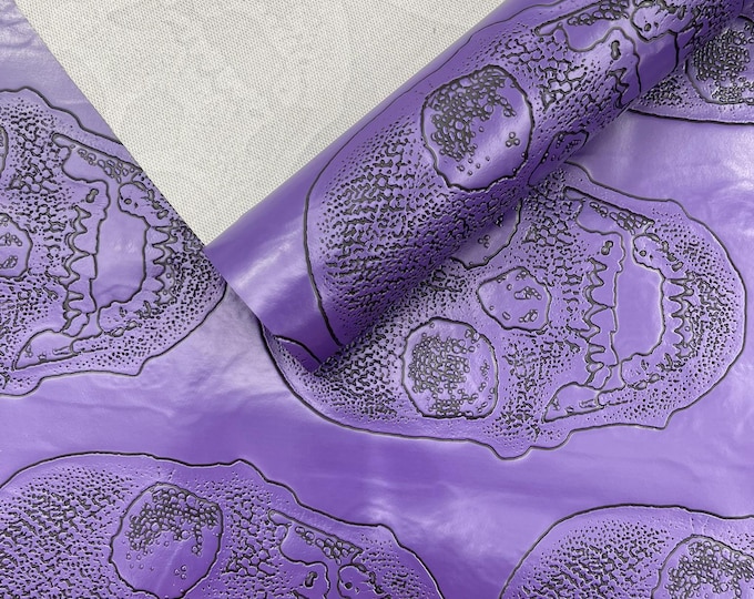 Purple Skull Embossed Fake Leather Upholstery, 3D Faux Leather PVC Vinyl Fabric.