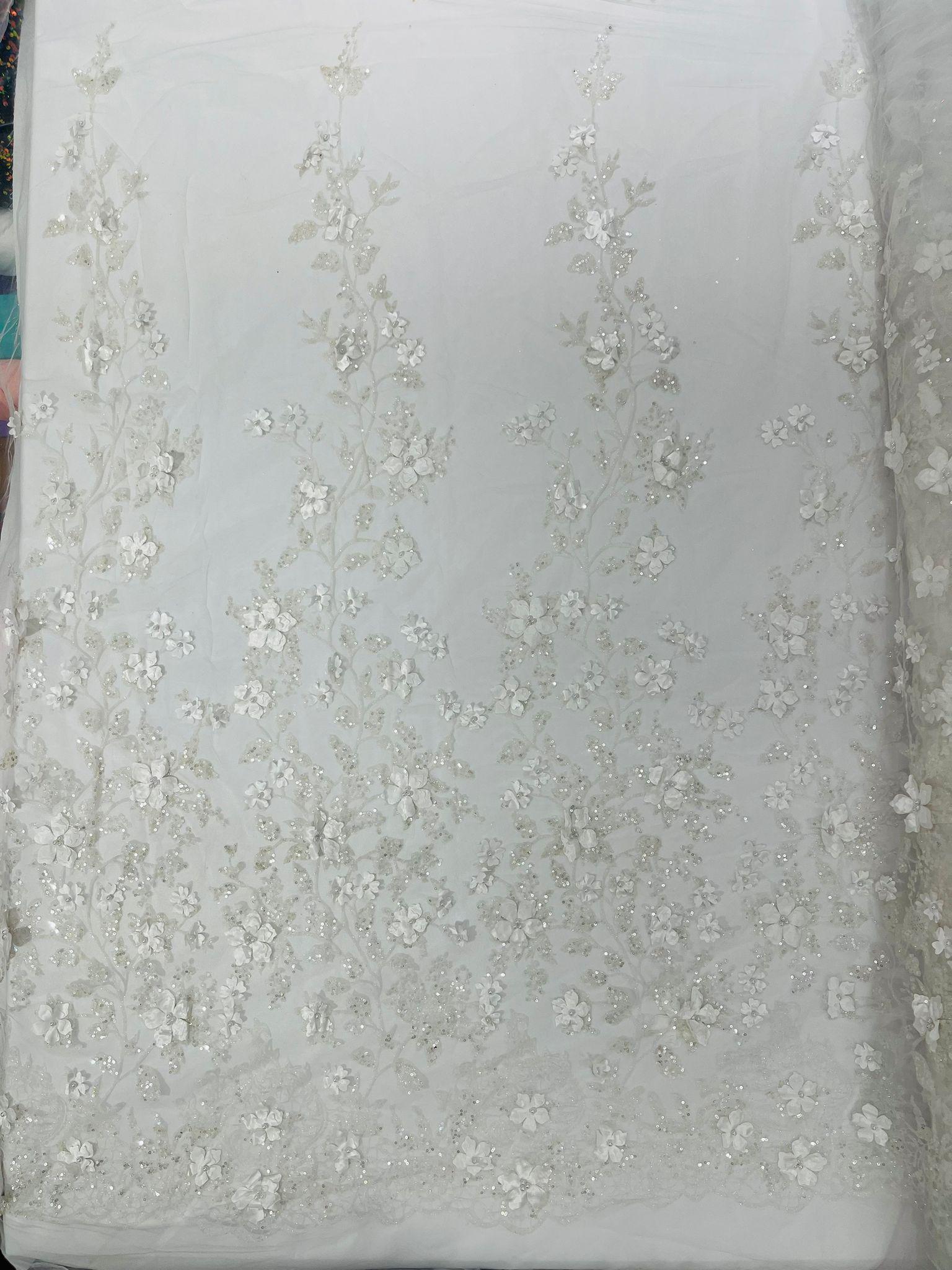 White 3D Princess Satin Flower Glitter Sequin Lace Fabric 54" Wide ...