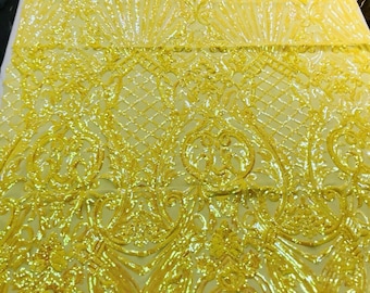 Yellow iridescent damask sequin design on a 4 way stretch mesh-dresses-prom-nightgown-sold by the yard-free shipping in the USA-