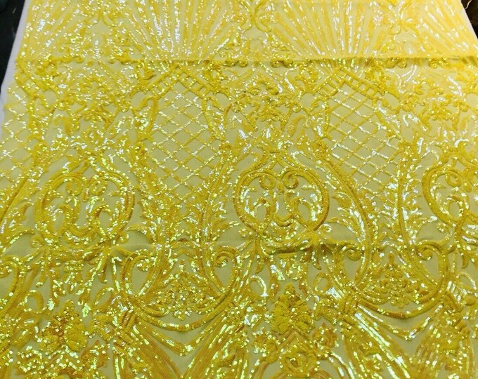 Yellow iridescent damask sequin design on a 4 way stretch mesh-dresses-prom-nightgown-sold by the yard-free shipping in the USA-