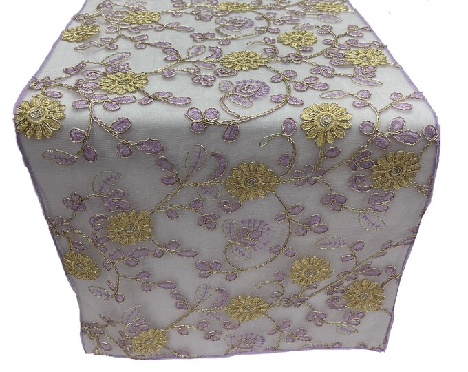 12" Wide x 90" Long Metallic Embroidery Lace Table Runner Wedding Decoration (Lavender on White Mesh)