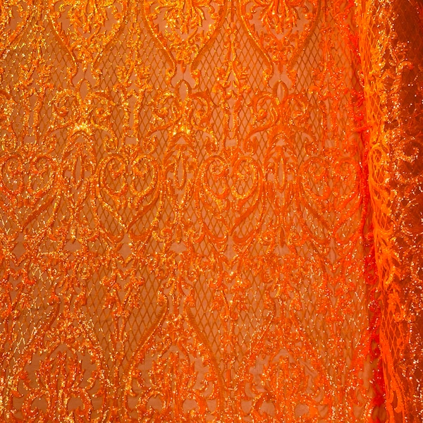 Damask Sequins Design on a 4 Way Stretch Mesh Fabric - for Night Gowns - Prom Dresses - (Yellow Iridescent, 1 Yard) main image 1