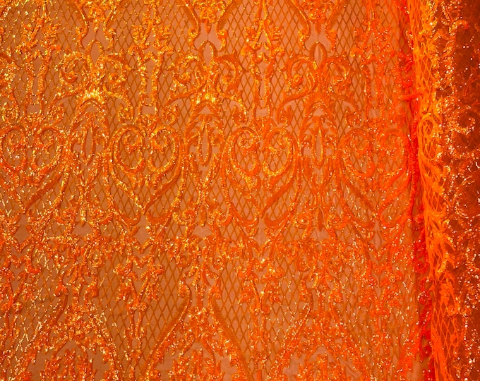Orange iridescent Heart Damask sequin design on a 4 way stretch mesh fabric-prom-sold by the yard.