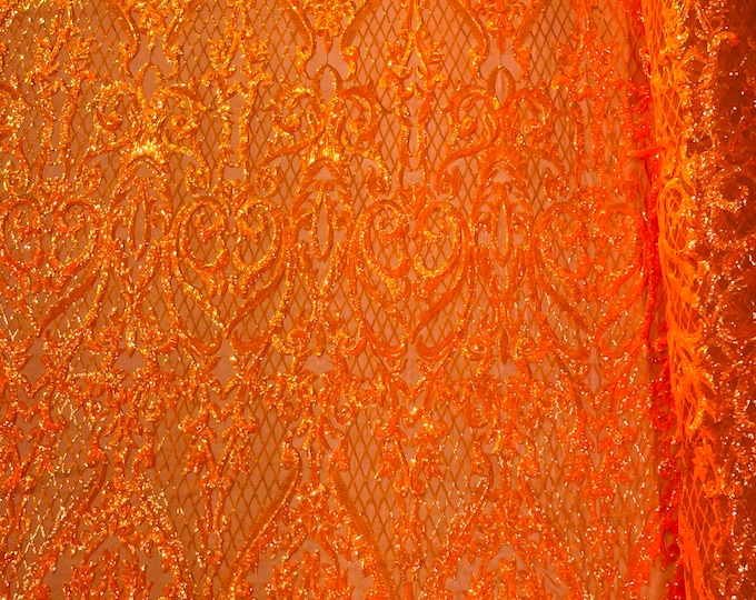 Orange iridescent Heart Damask sequin design on a 4 way stretch mesh fabric-prom-sold by the yard.