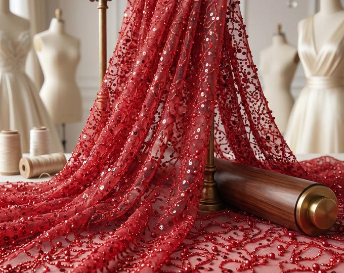 Red Luxury Beaded Sequin Lace Fabric By The Yard, Pearl Embroidered Mesh Lace For Wedding Dresses, Prom Gowns & Couture Fashion
