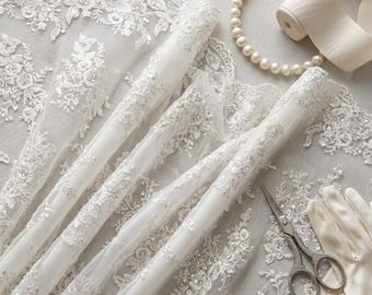 White French Beaded Lace Fabric By The Yard, Embroidered Bridal Mesh Lace For Wedding Dresses, Veils, Prom & Couture Gowns