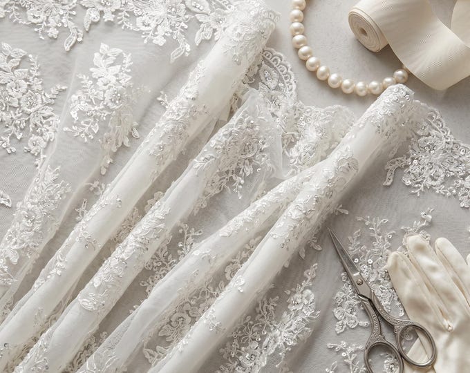 White French Beaded Lace Fabric By The Yard, Embroidered Bridal Mesh Lace For Wedding Dresses, Veils, Prom & Couture Gowns