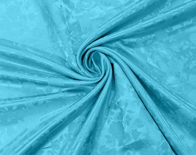 Aqua 60" Wide Polyester Roses/Flowers Brocade Jacquard Satin Fabric/Cosplay Costumes, Skirts, Table Linen/Sold By The Yard.