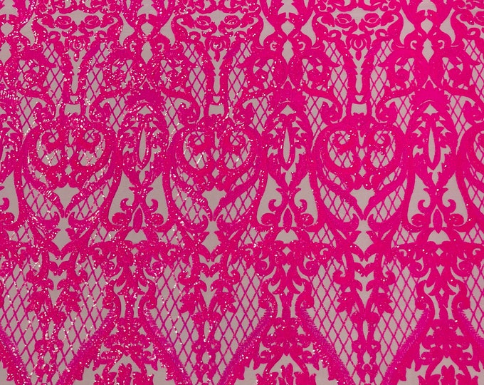 Deluxe damask Neon Hot Pink iridescent sequin design on Pink 4 way stretch mesh fabric-prom-sold by the yard.