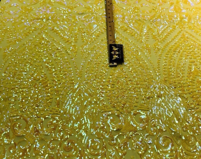 Yellow iridescent sequin diamond design on a 4 way stretch mesh-prom-nightgown-by the yard-free shipping in the USA.