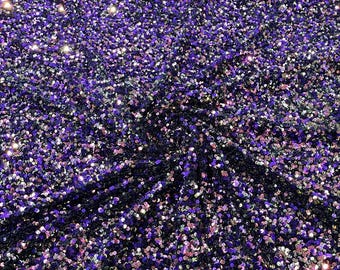 Purple Iridescent All-Over 5mm Shiny Sequins Stretch Velvet 54" Wide.