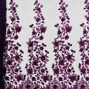 EGGPLANT FLORAL DESIGN WITH CORD EMBROIDERY ON A MESH LACE-SOLD BY YARD. main image 0