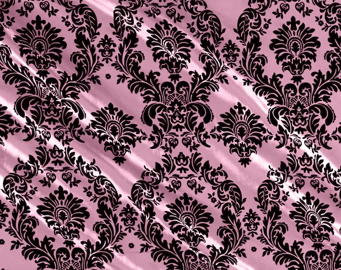 Pink - Flocked Damask Taffeta Fabric - Sold By The Yard.
