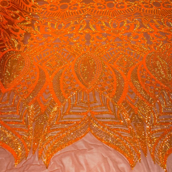 Neon orange iridescent royalty sequin design on 4 way stretch mesh-prom-sold by the yard.