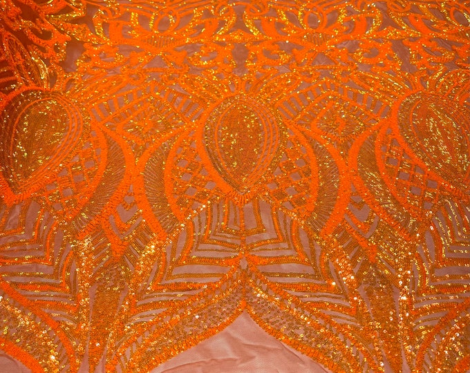 Neon orange iridescent royalty sequin design on 4 way stretch mesh-prom-sold by the yard.