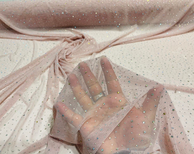 Blush Pink Sheer All Over AB Rhinestones On Stretch Power Mesh Fabric, Sold by The Yard.