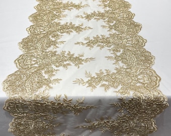 CHAMPAGNE 14"Wide X 90"Long  Sequins Gold Metallic Embroidered Lace on Mesh Fabric, Trim Lace, Table Runner.