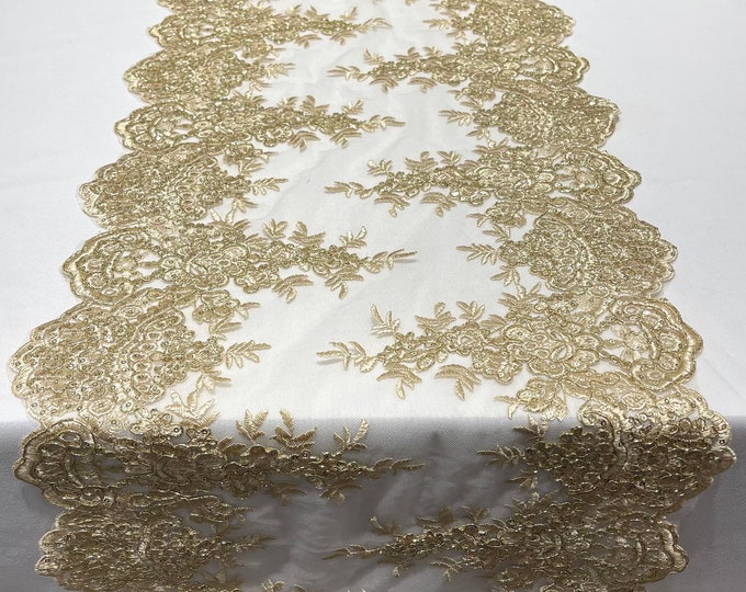 CHAMPAGNE 14"Wide X 90"Long  Sequins Gold Metallic Embroidered Lace on Mesh Fabric, Trim Lace, Table Runner.