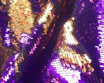 Purple-gold shiny mermaid sequins embroider on a 2 way Stretch spandex-flip Sequins- dresses-fashion-apparel-nightgown-sold by the yard.