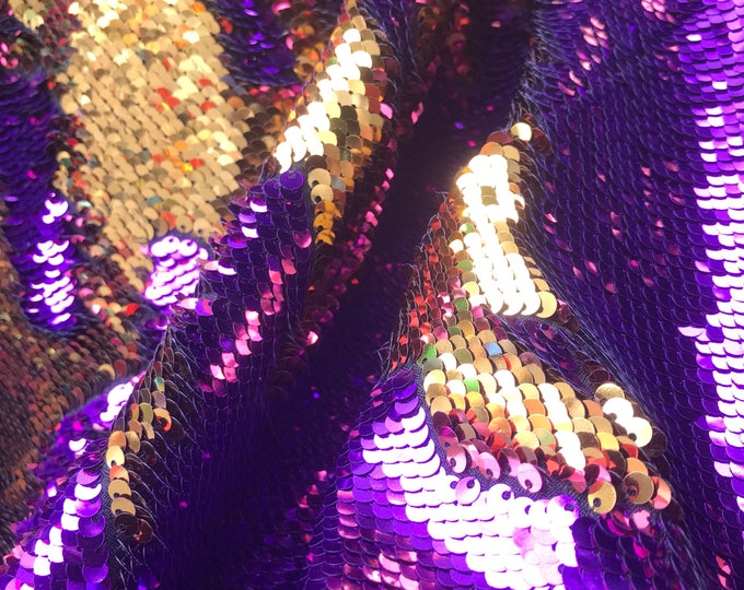 Purple-gold shiny mermaid sequins embroider on a 2 way Stretch spandex-flip Sequins- dresses-fashion-apparel-nightgown-sold by the yard.