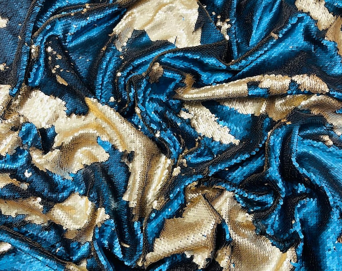 Teal Gold Matte Reversible Color Changing Sequin Fabric| 54" Wide| Stretch Polyester Spandex.
