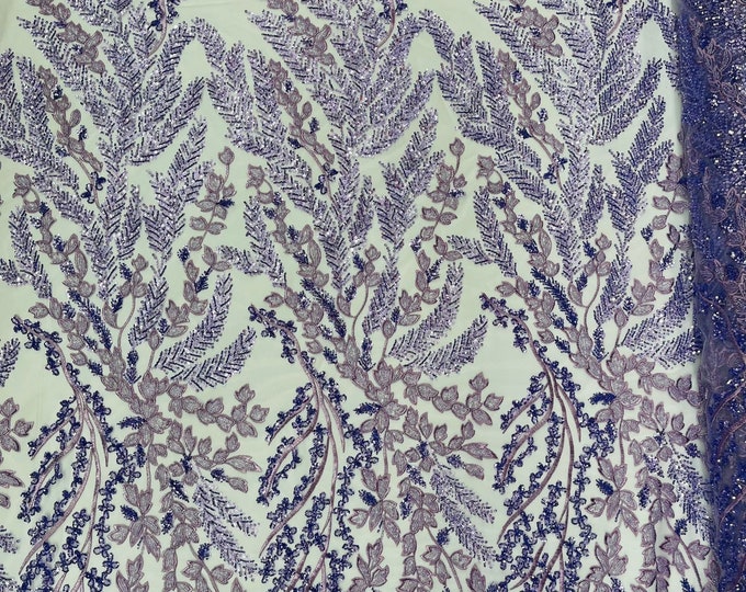 Lavender Floral Beaded Lace Fabric /Wedding/Prom/Sequin lace Sold By The Yard.