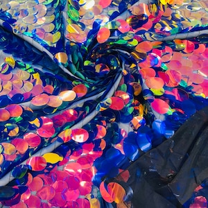 Royal Blue Iridescent Jumbo Sequins Oval Sequin Paillette/Tear Drop Mermaid Big Sequins Fabric On Black Mesh/ 54 Inches Wide.